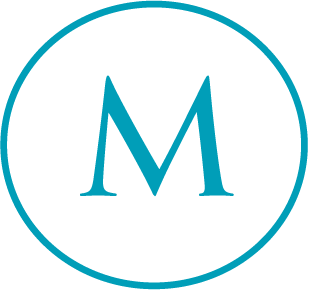 A blue letter M is centered in a white circle with a blue border.